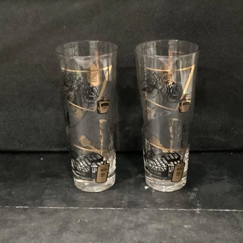 Fuller Brush Swanky Swig Tumblers, Set of 2, Vintage Black Gold Highball Glasses